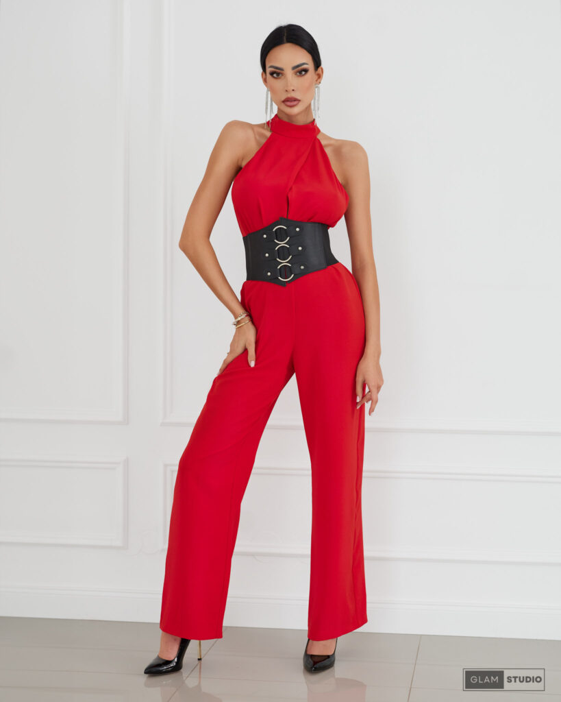 Photo of Milena Lewandowska in a vibrant red jumpsuit striking a pose for a stunning picture